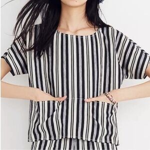 Madewell Evelyn Stripe Boxy Linen Blend Top - large black white stripes like new